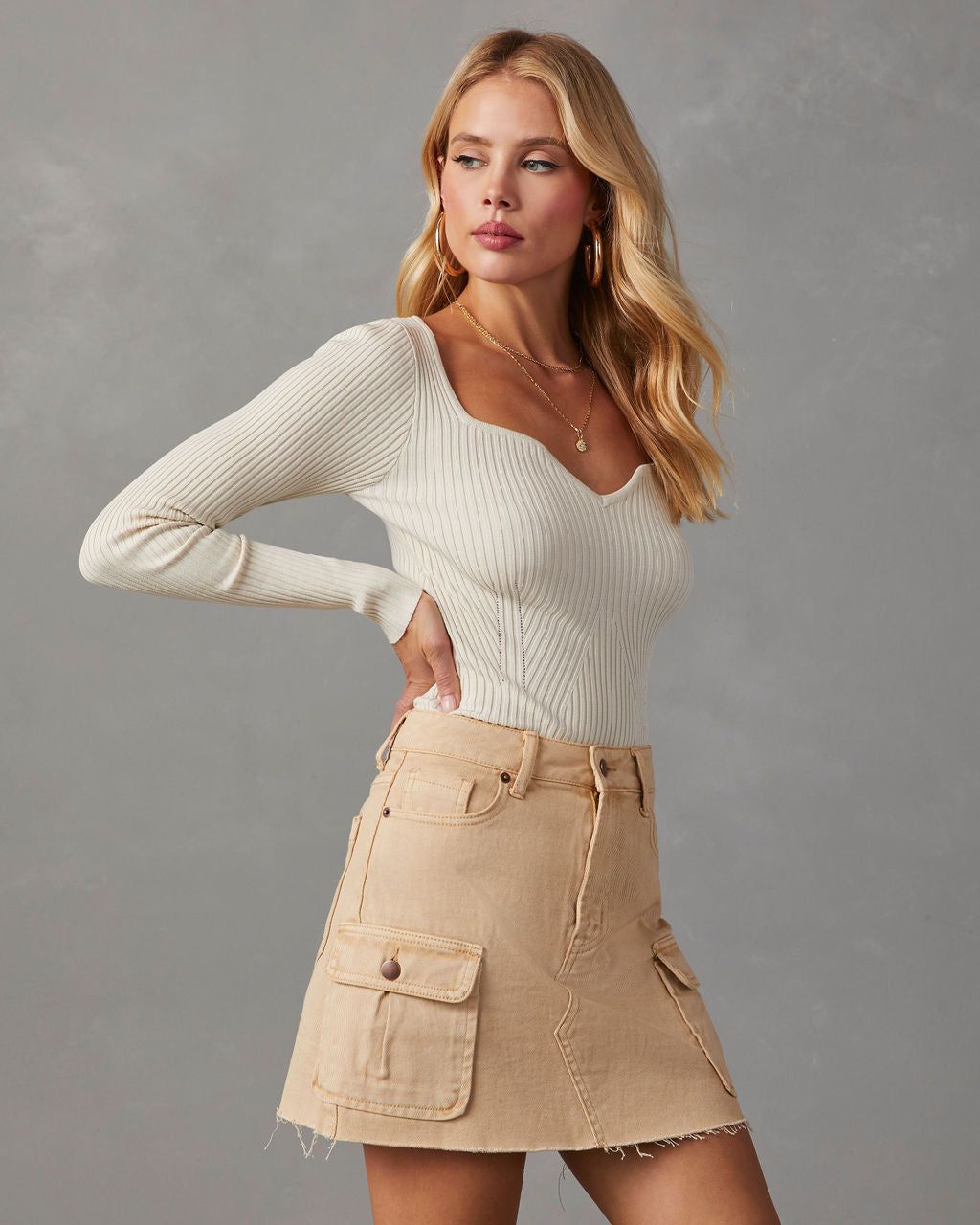 Marcey Ribbed Long Sleeve Top - Ecru sold by Vici product image thumbnail 3