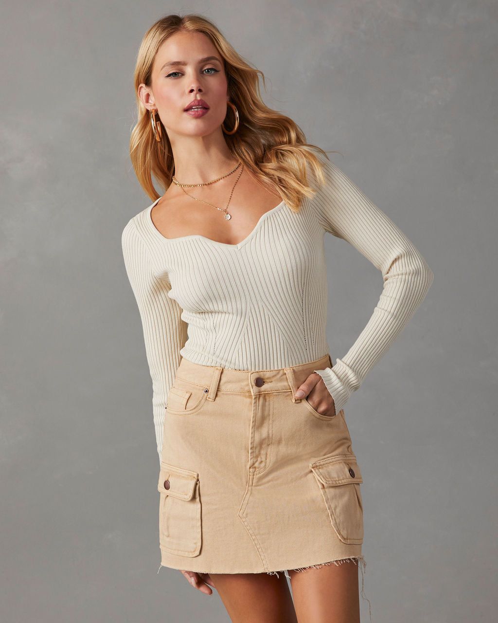Marcey Ribbed Long Sleeve Top - Ecru sold by Vici product image thumbnail 5