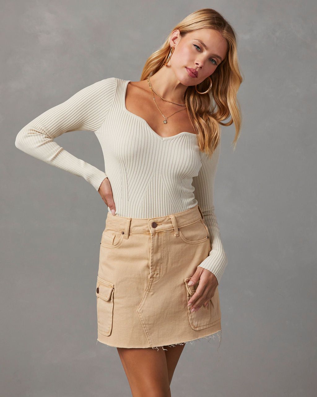 Marcey Ribbed Long Sleeve Top - Ecru sold by Vici