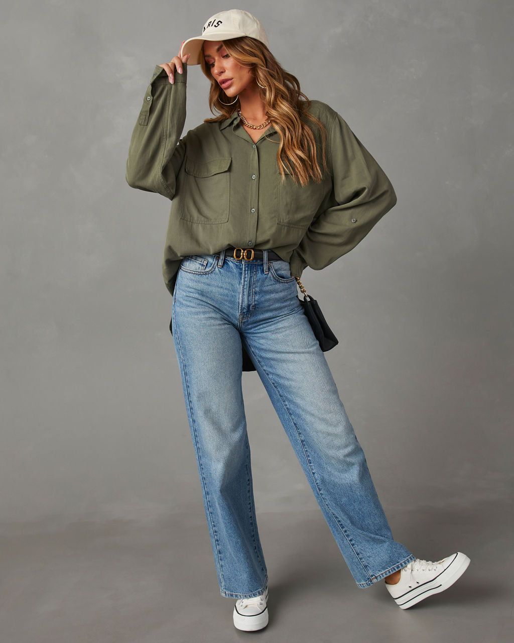 Greeley Oversized Button Down Top - Olive - SALE sold by Vici product image thumbnail 5
