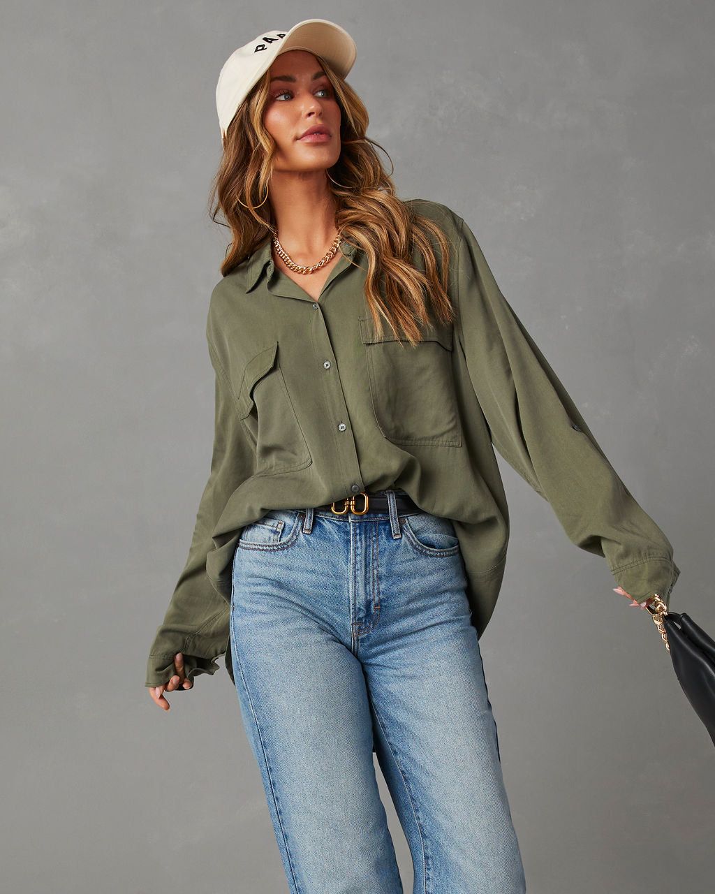 Greeley Oversized Button Down Top - Olive - SALE sold by Vici
