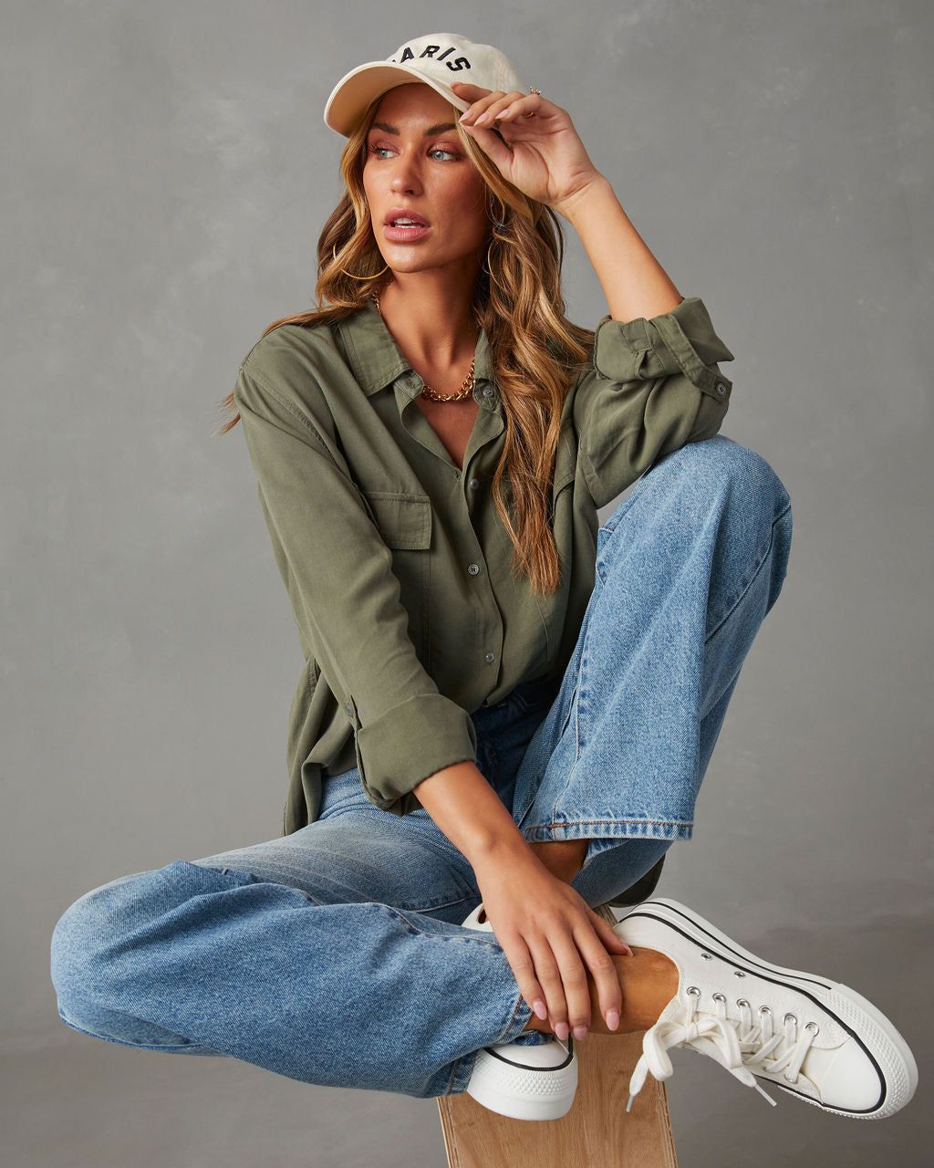 Greeley Oversized Button Down Top - Olive - SALE sold by Vici product image thumbnail 6