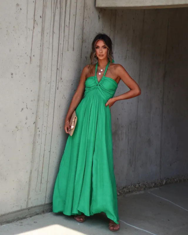 Elmhurst Ruched Halter Maxi Dress sold by Vici