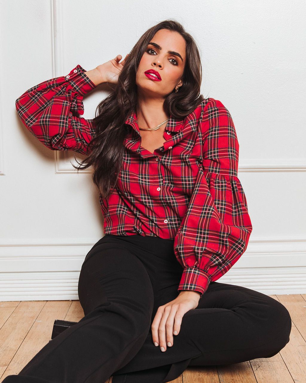 Gift For Me Plaid Puff Sleeve Button Down Top sold by Vici product image thumbnail 5