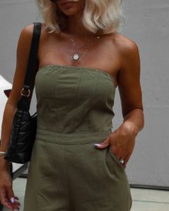 Marquette Strapless Cargo Jumpsuit - Olive sold by Vici