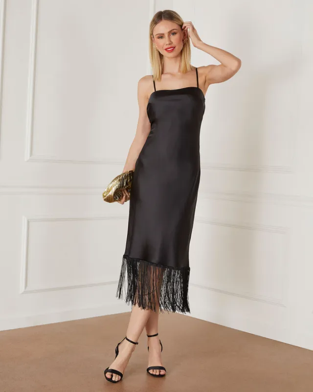 Tina Satin Fringe Trim Midi Dress sold by Vici