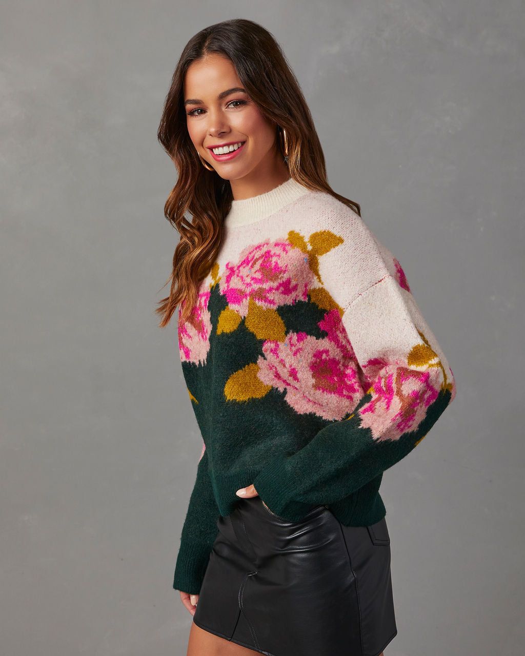 Vintage Rose Contrast Pullover Sweater - Hunter Green sold by Vici product image thumbnail 3
