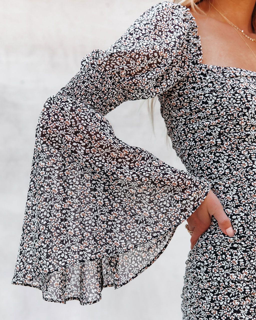 Morris Floral Bell Sleeve Ruched Mini Dress sold by Vici product image thumbnail 3