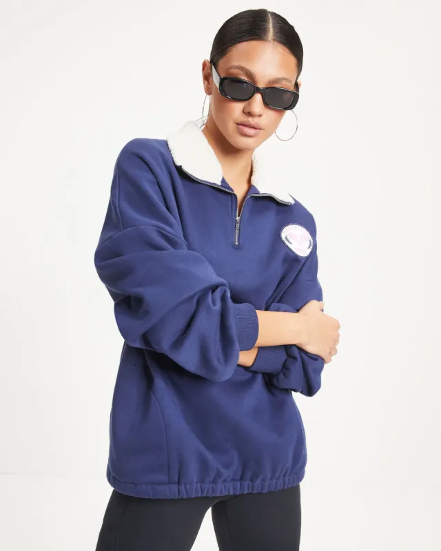 Hamptons Sports Half Zip Sherpa Trim Pocketed Pullover Sweater sold by Vici