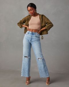 Alec High Rise Distressed Dad Jeans sold by Vici
