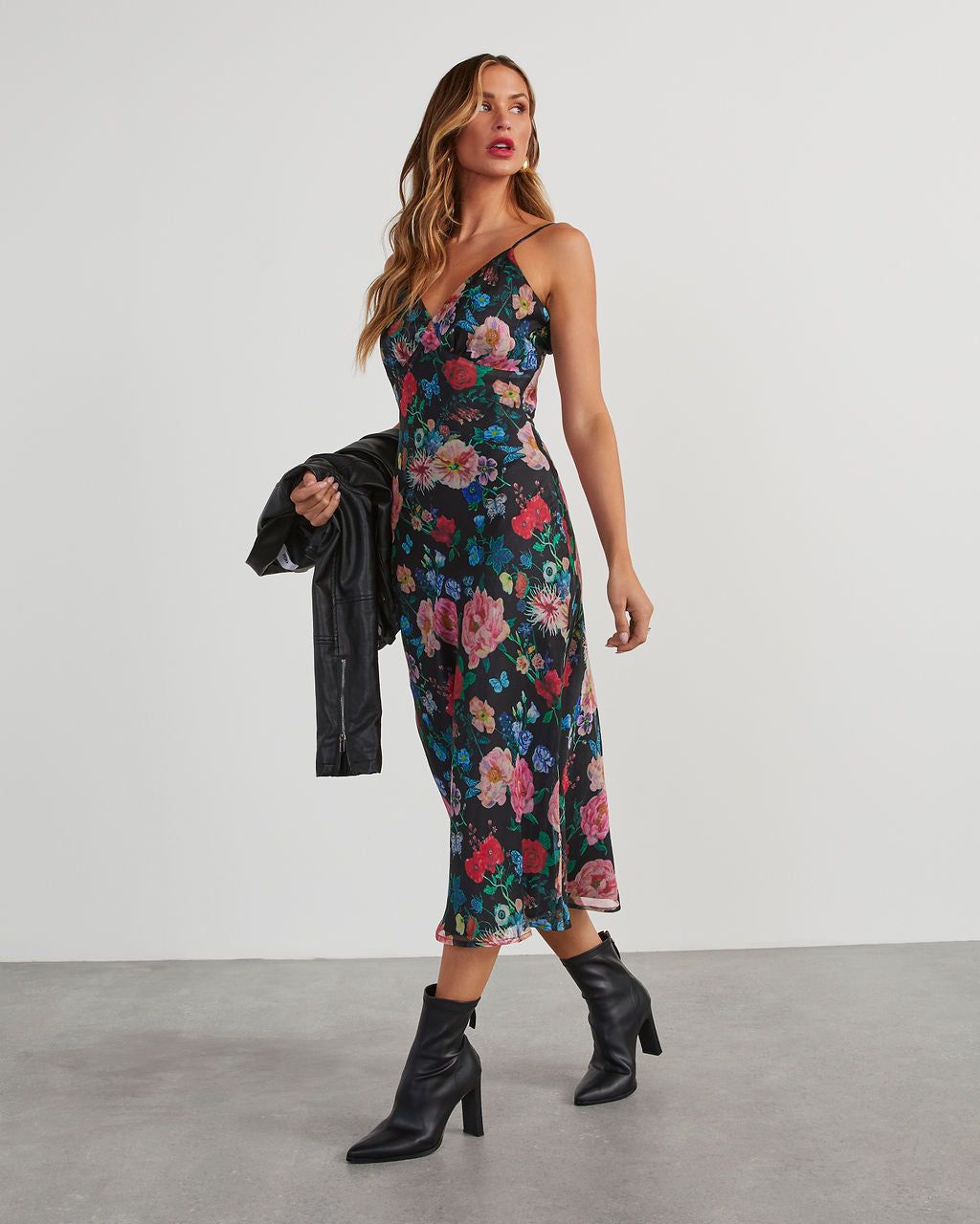 Don't Go Yet Slip Floral Midi Dress - Black sold by Vici product image thumbnail 3
