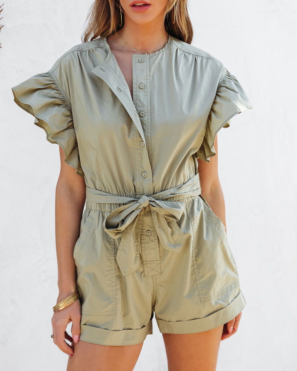 Marianne Ruffle Pocketed Romper - Olive - FINAL SALE sold by Vici product image thumbnail 2