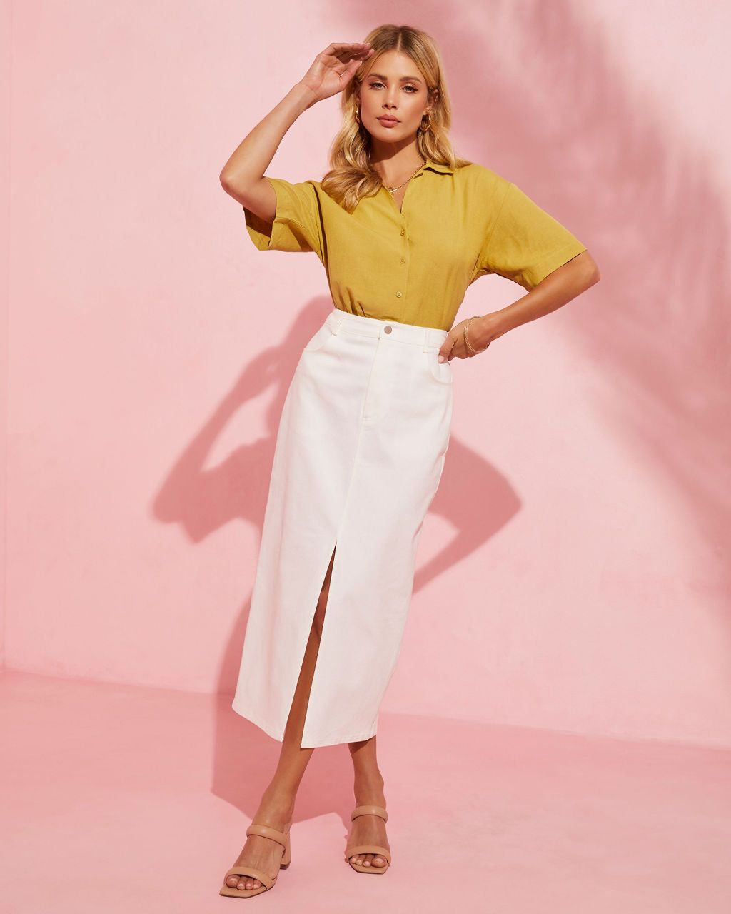 Tofino Short Sleeve Button Up Top - Dusty Yellow - FINAL SALE sold by Vici product image thumbnail 3