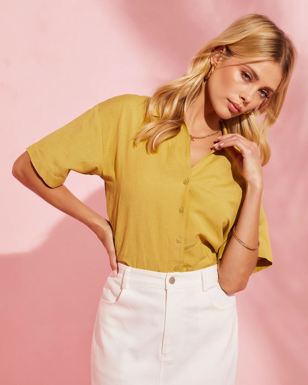 Tofino Short Sleeve Button Up Top - Dusty Yellow - FINAL SALE sold by Vici product image thumbnail 5
