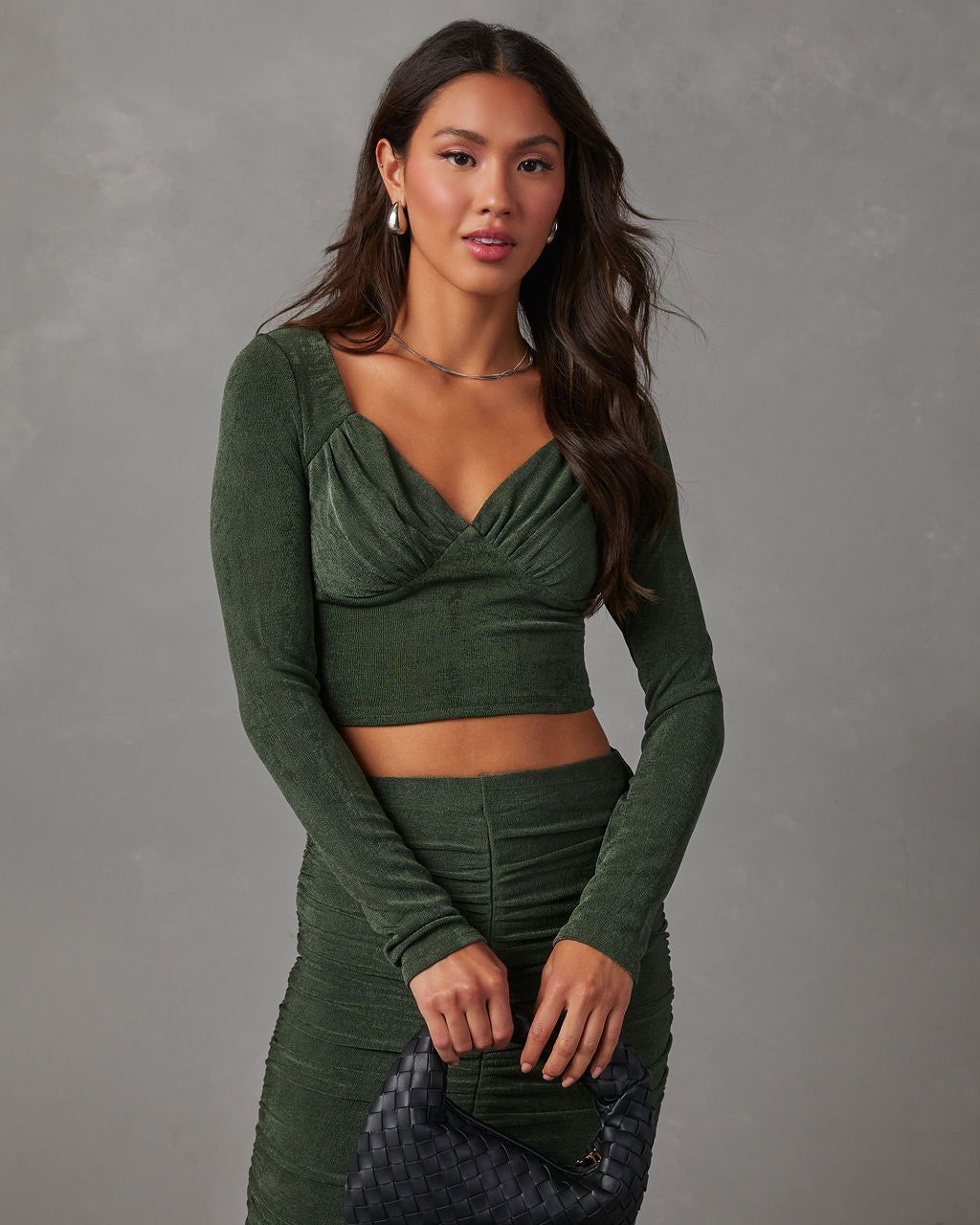 Weekend Vibes Slinky Long Sleeve Crop Top - Green sold by Vici