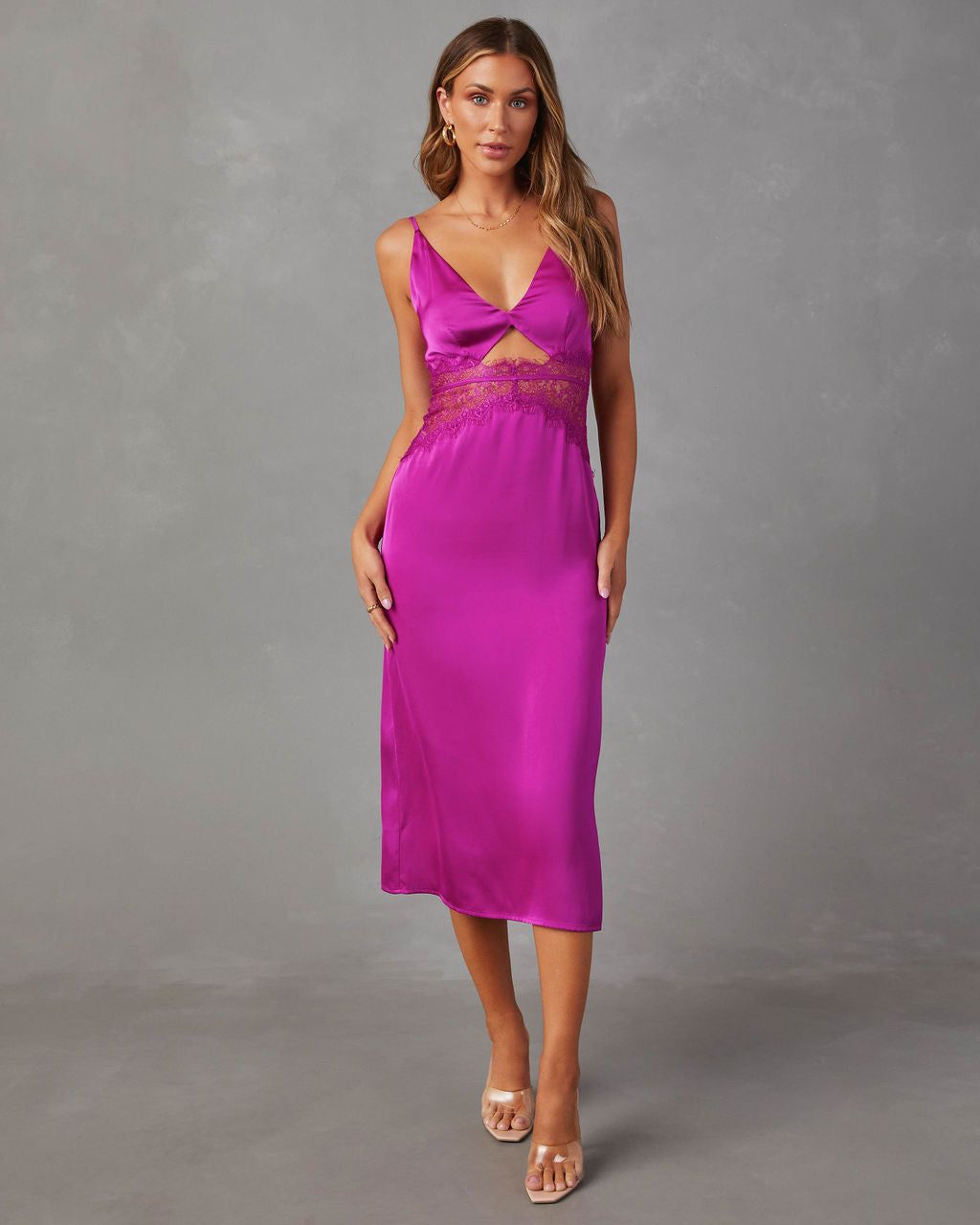 Modern Day Love Satin Lace Cutout Midi Dress - Fuchsia sold by Vici