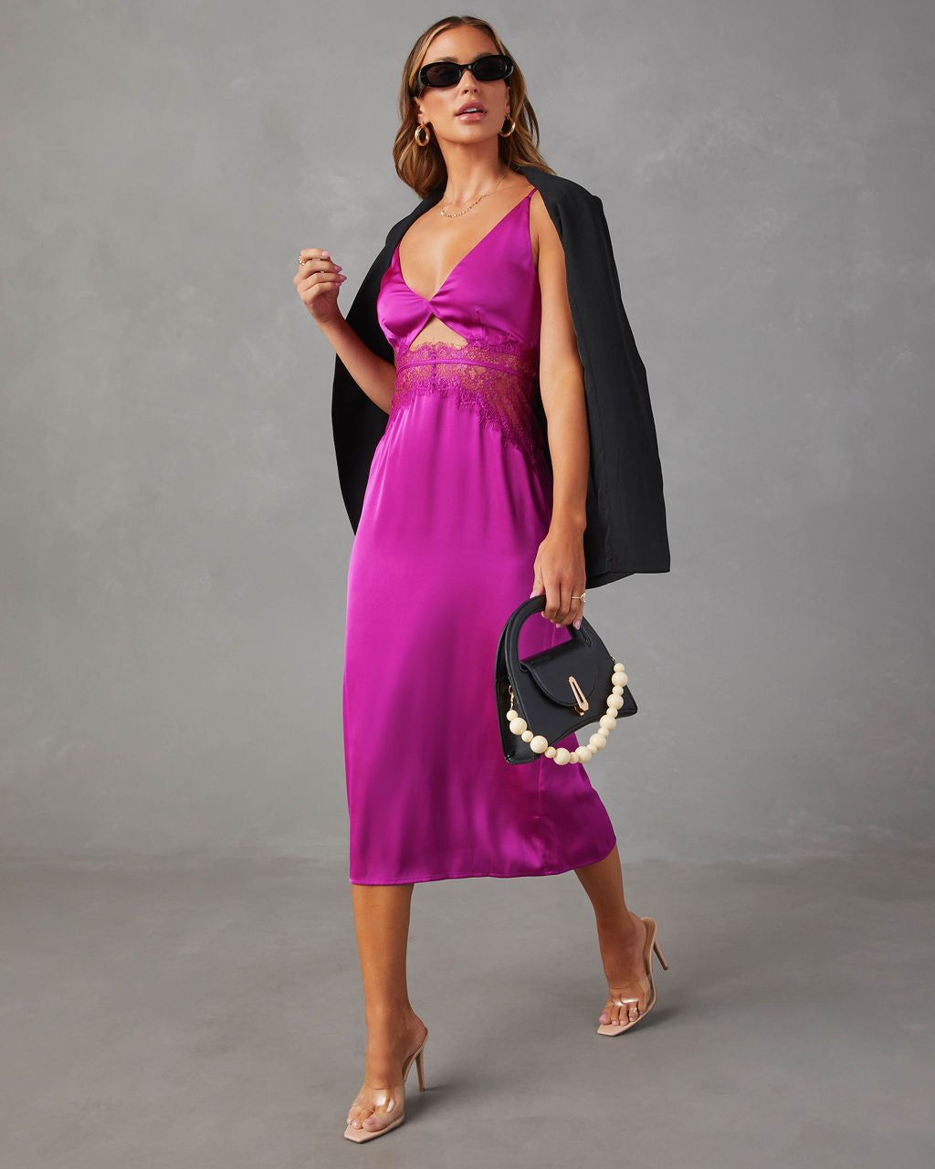 Modern Day Love Satin Lace Cutout Midi Dress - Fuchsia sold by Vici product image thumbnail 4