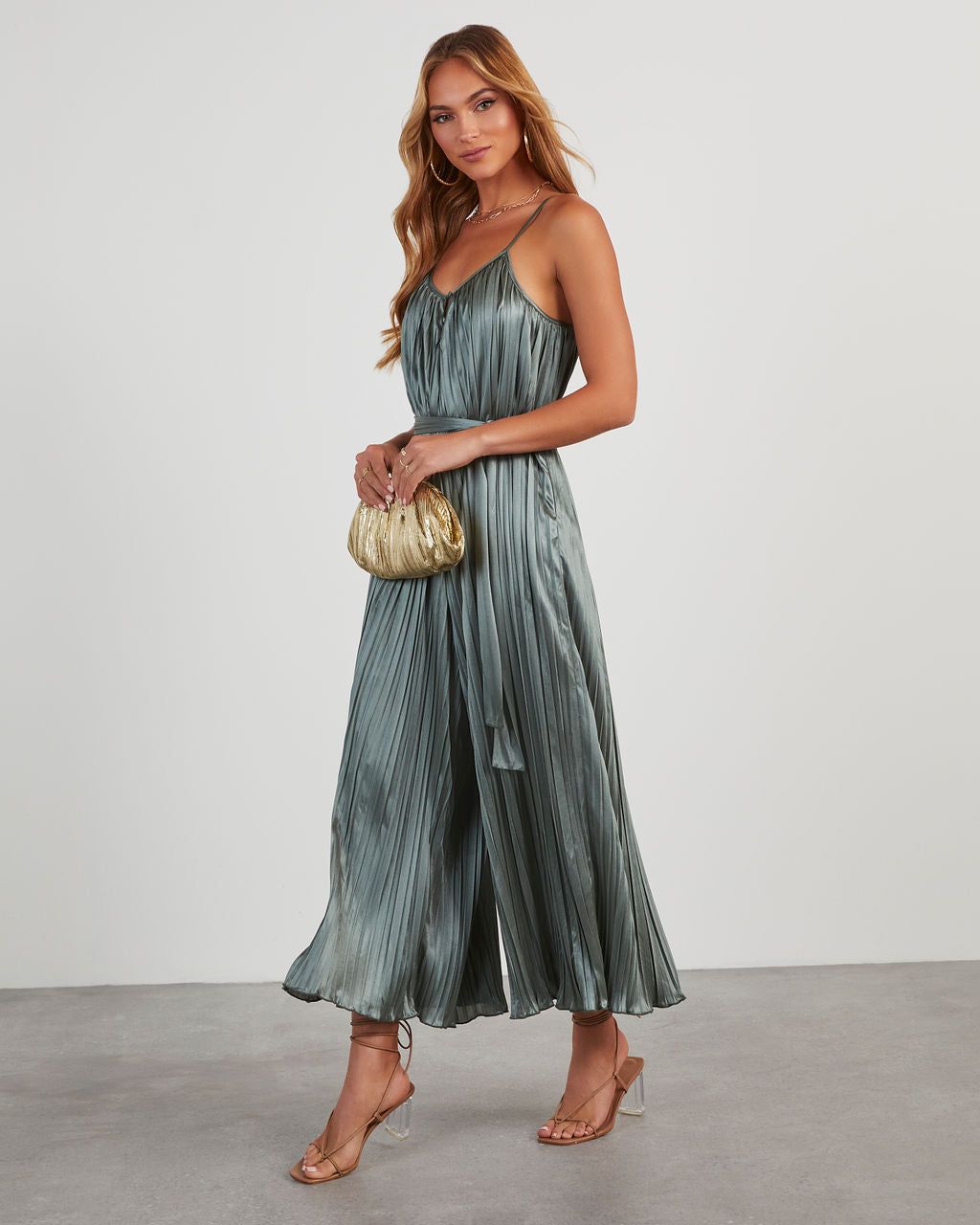 Here To Play Satin Pleated Jumpsuit sold by Vici