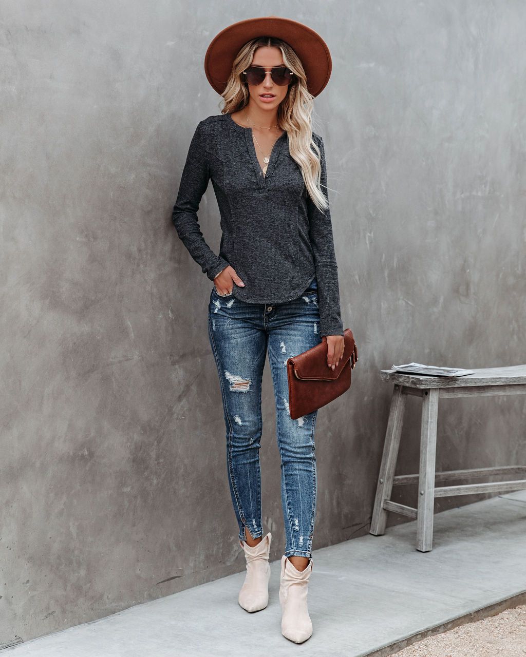 Huxley Cotton Blend Henley Top - Charcoal - FINAL SALE sold by Vici product image thumbnail 8