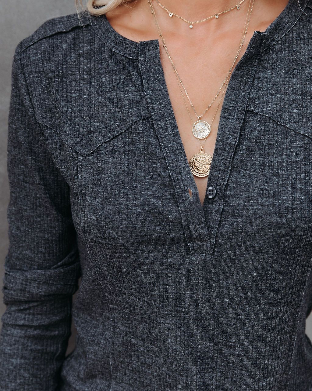 Huxley Cotton Blend Henley Top - Charcoal - FINAL SALE sold by Vici product image thumbnail 4