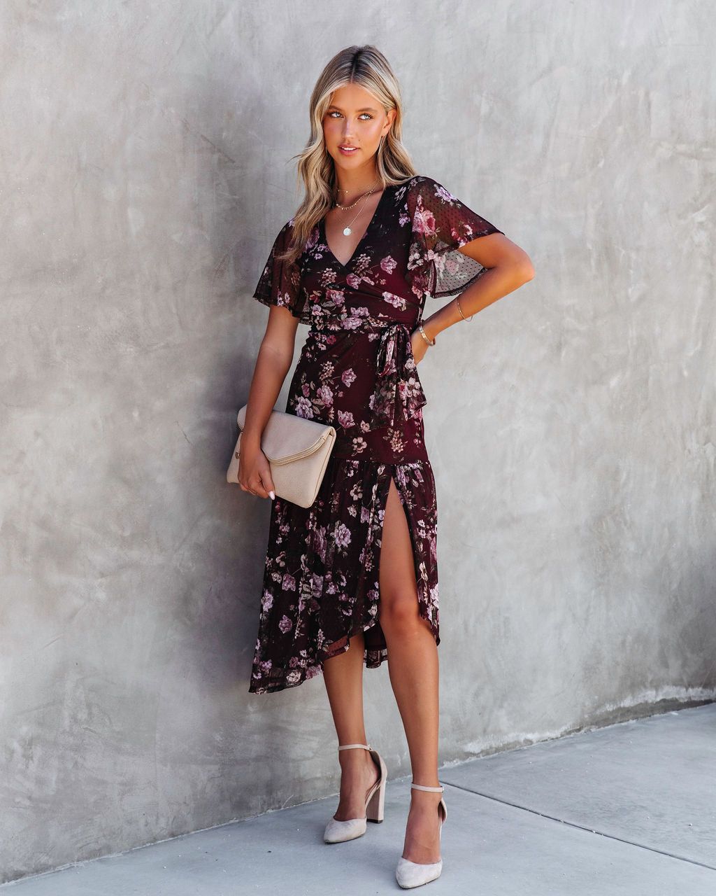 Fallen Romance Floral Ruffle Midi Dress sold by Vici