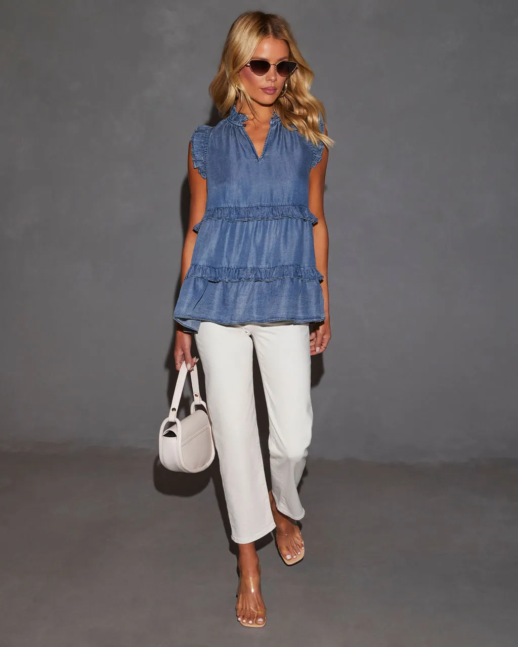 Nicole Chambray Ruffle Sleeveless Tiered Tunic sold by Vici