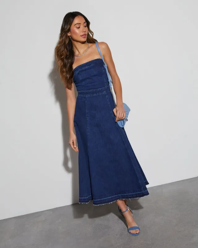 Suri Strapless Denim Maxi Dress sold by Vici