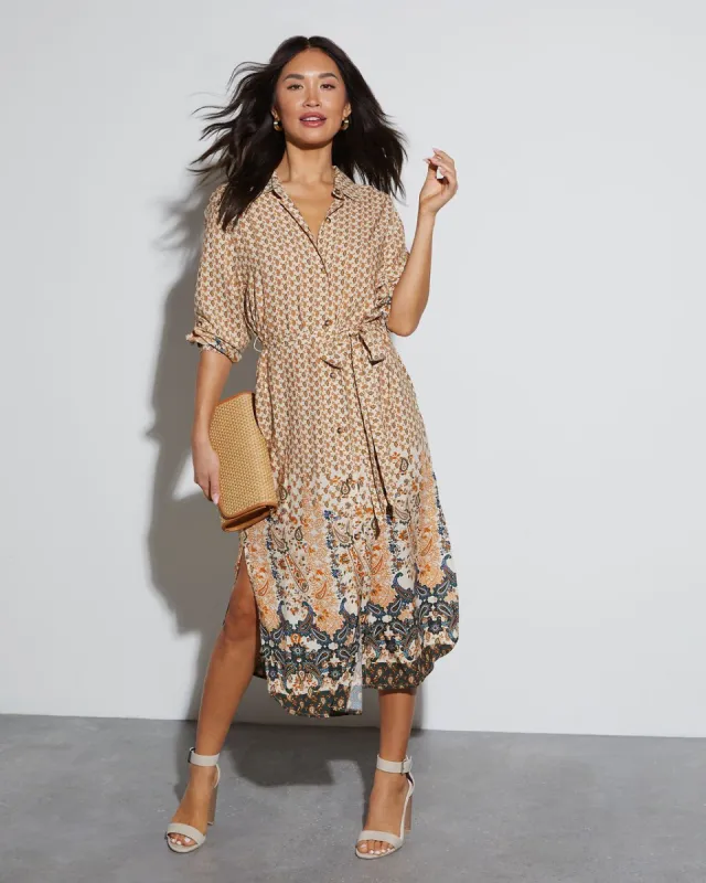 Emmy Collared Tie Waist Midi Dress sold by Vici