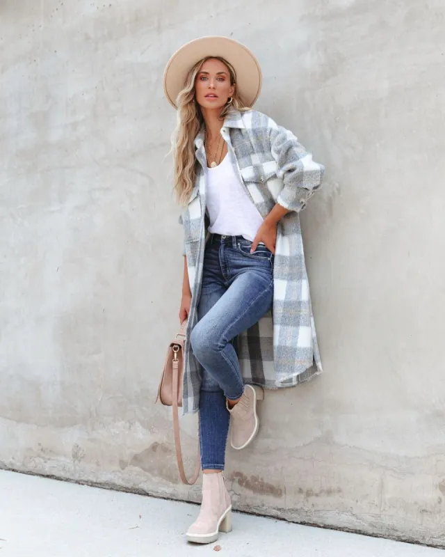 Coffee Shop Strolls Pocketed Plaid Button Down Coat sold by Vici