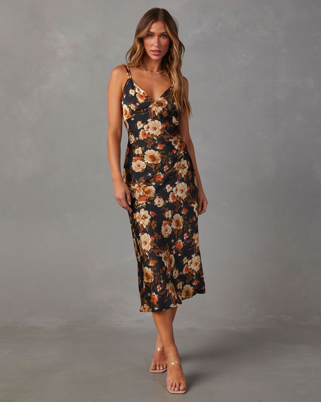 Sweet Sunflower Satin Floral Midi Dress - Black sold by Vici