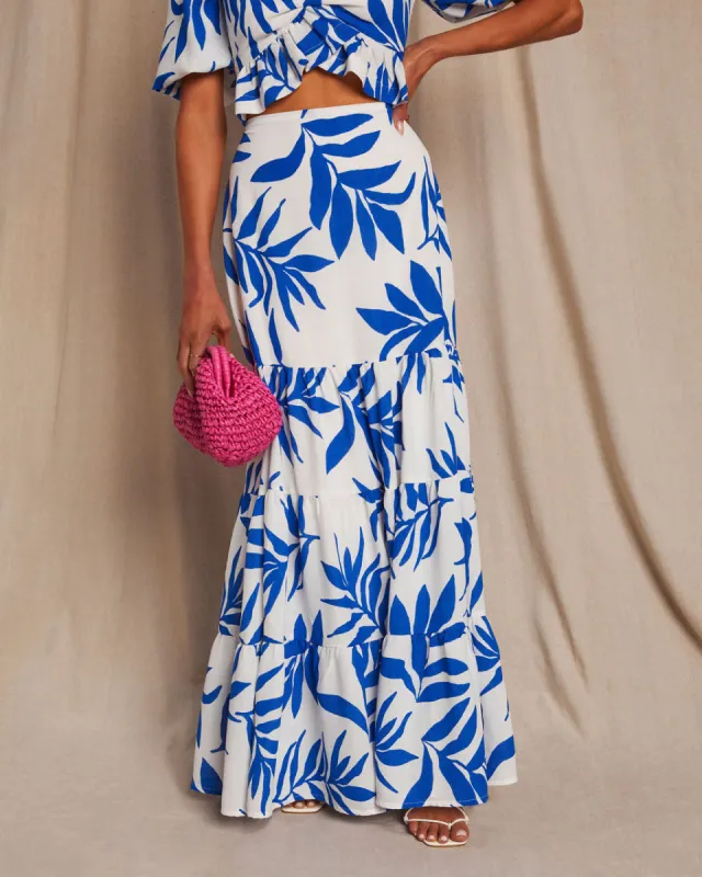 Huntington Printed Tiered Midi Skirt sold by Vici
