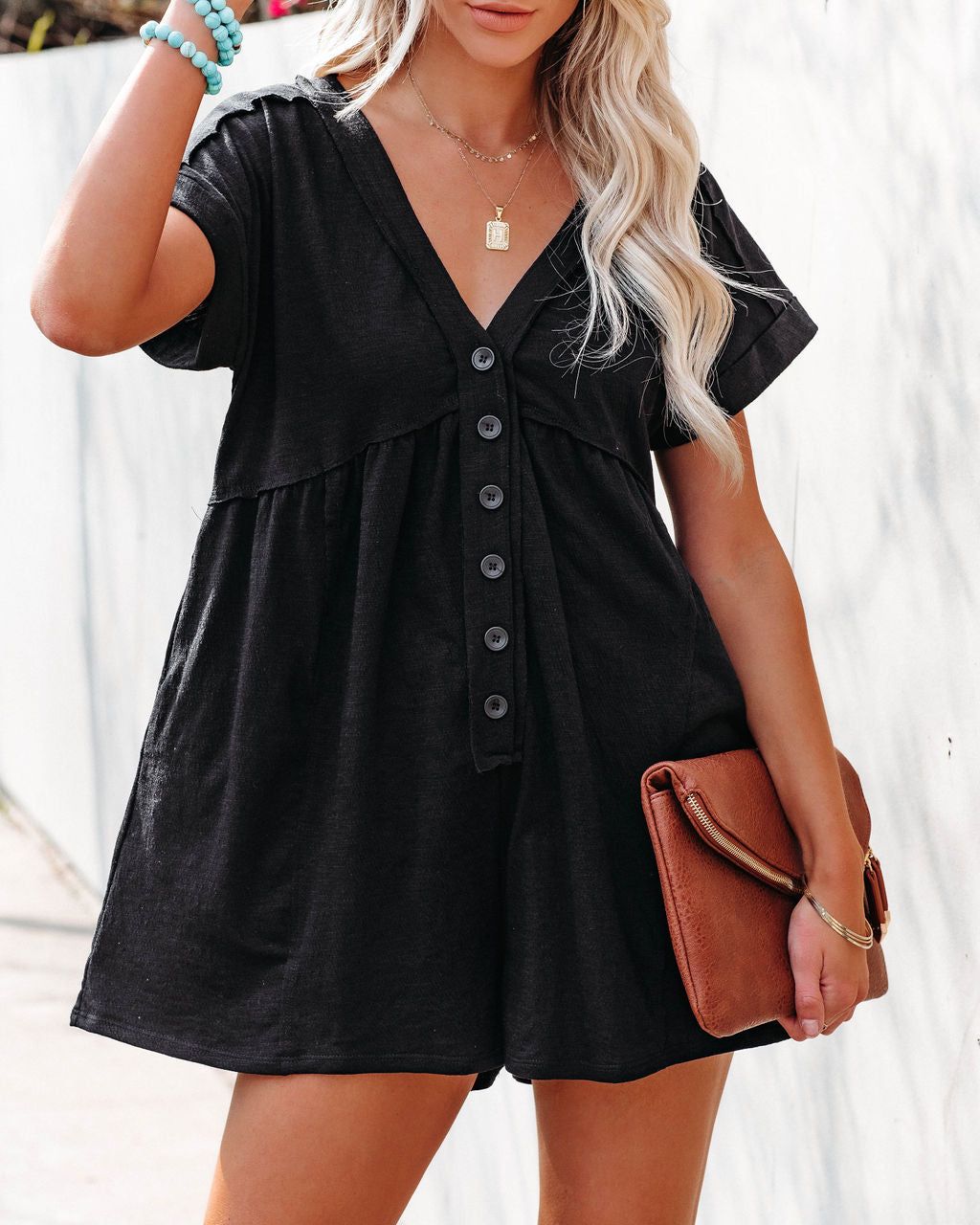Vincent Cotton Blend Pocketed Button Down Romper - Black - SALE sold by Vici product image thumbnail 5