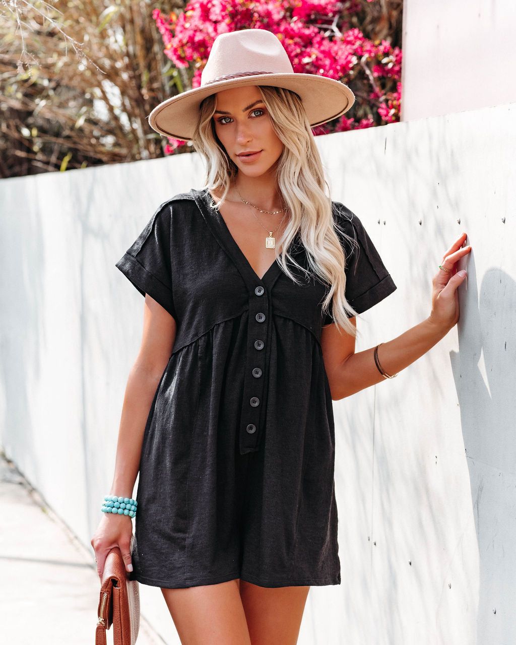 Vincent Cotton Blend Pocketed Button Down Romper - Black - SALE sold by Vici product image thumbnail 7