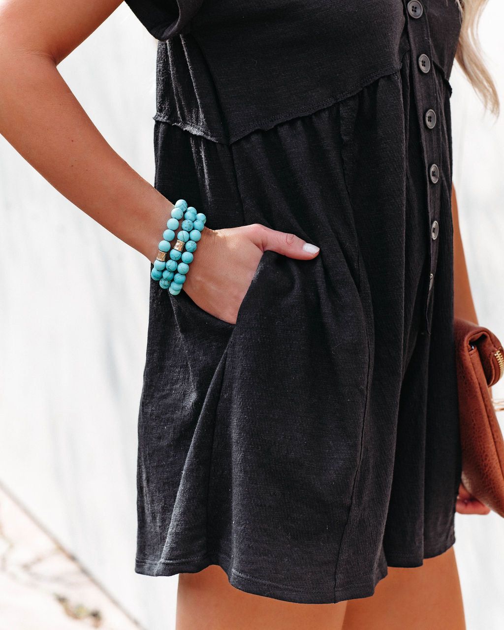 Vincent Cotton Blend Pocketed Button Down Romper - Black - SALE sold by Vici product image thumbnail 4