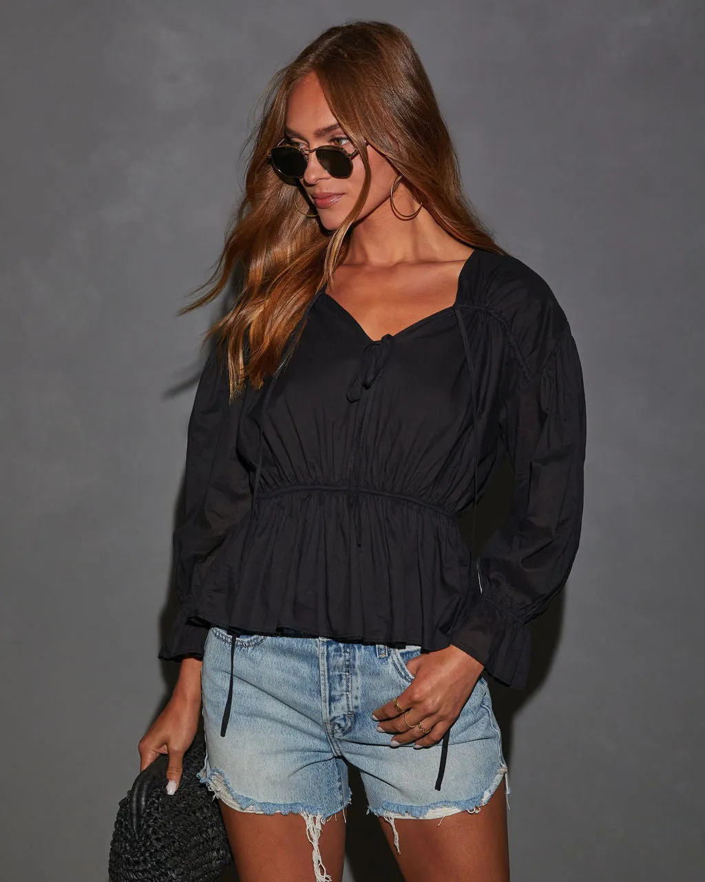 Astrid Bubble Long Sleeve Cinch Waist Top sold by Vici