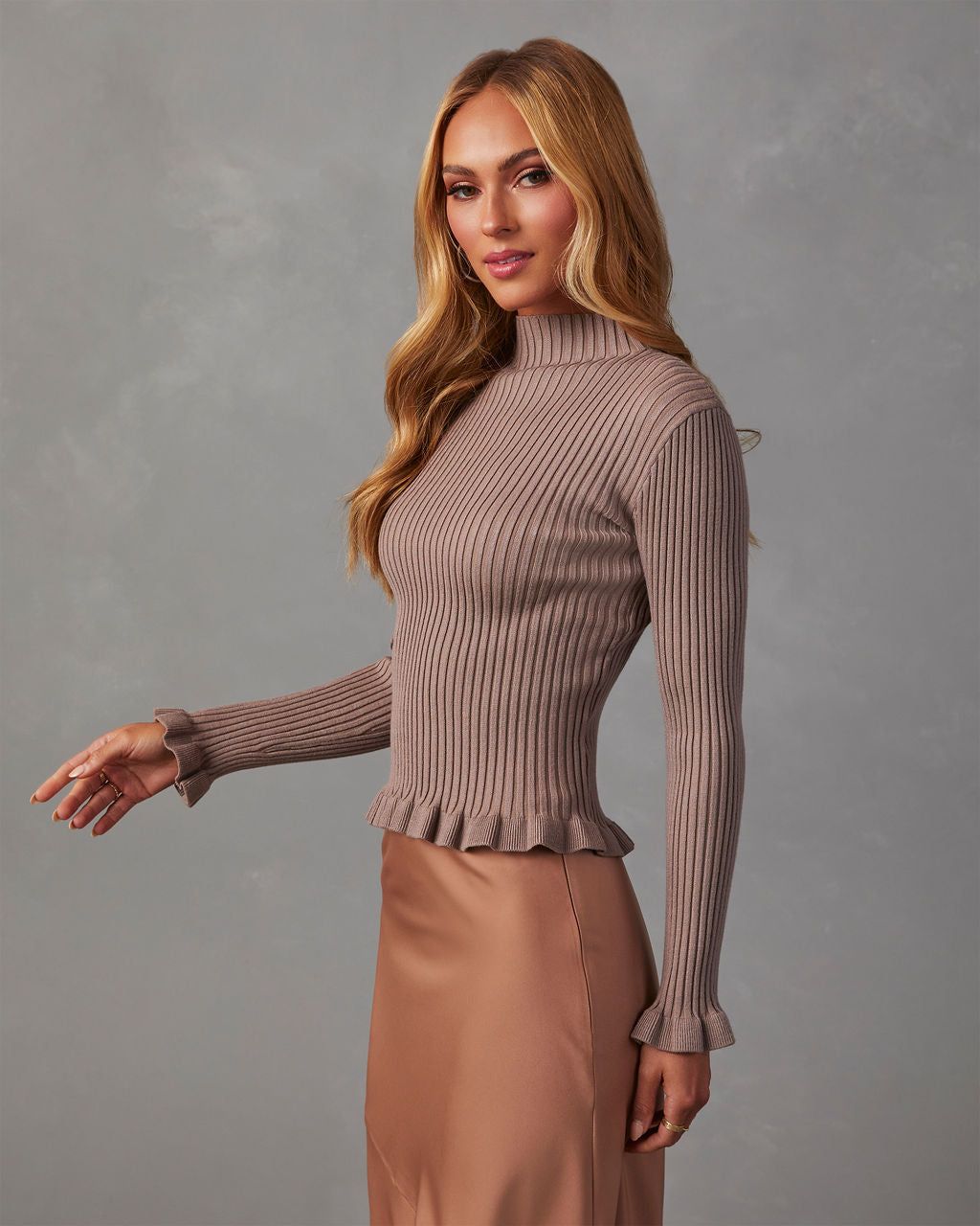 Bevelle Mock Neck Ruffle Hem Sweater - Mocha sold by Vici product image thumbnail 3