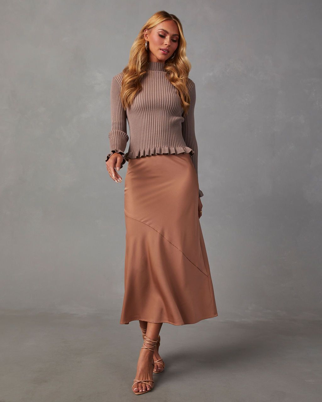 Bevelle Mock Neck Ruffle Hem Sweater - Mocha sold by Vici product image thumbnail 5