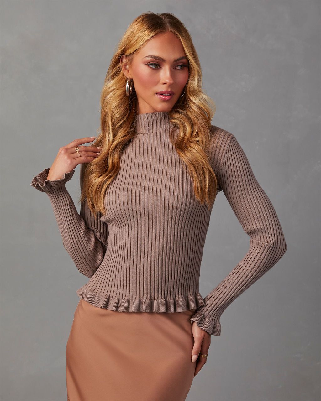 Bevelle Mock Neck Ruffle Hem Sweater - Mocha sold by Vici