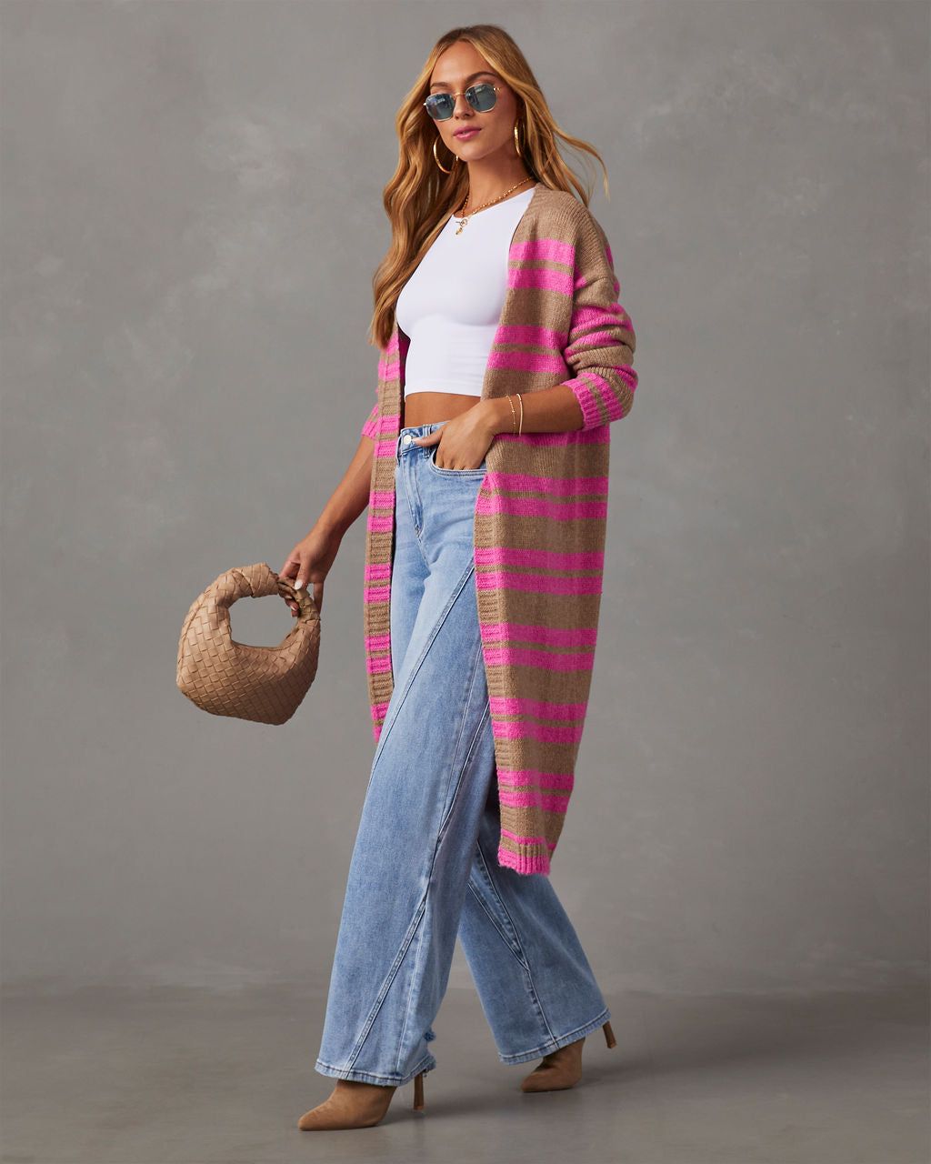 Jorja Striped Duster Cardigan - Pink/Taupe sold by Vici product image thumbnail 3