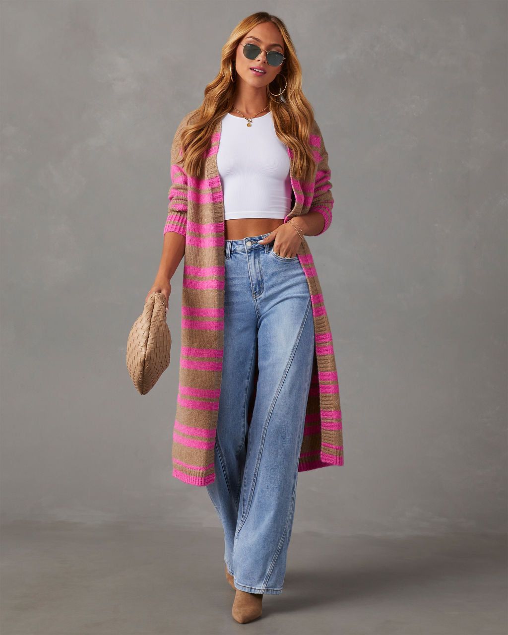 Jorja Striped Duster Cardigan - Pink/Taupe sold by Vici product image thumbnail 5