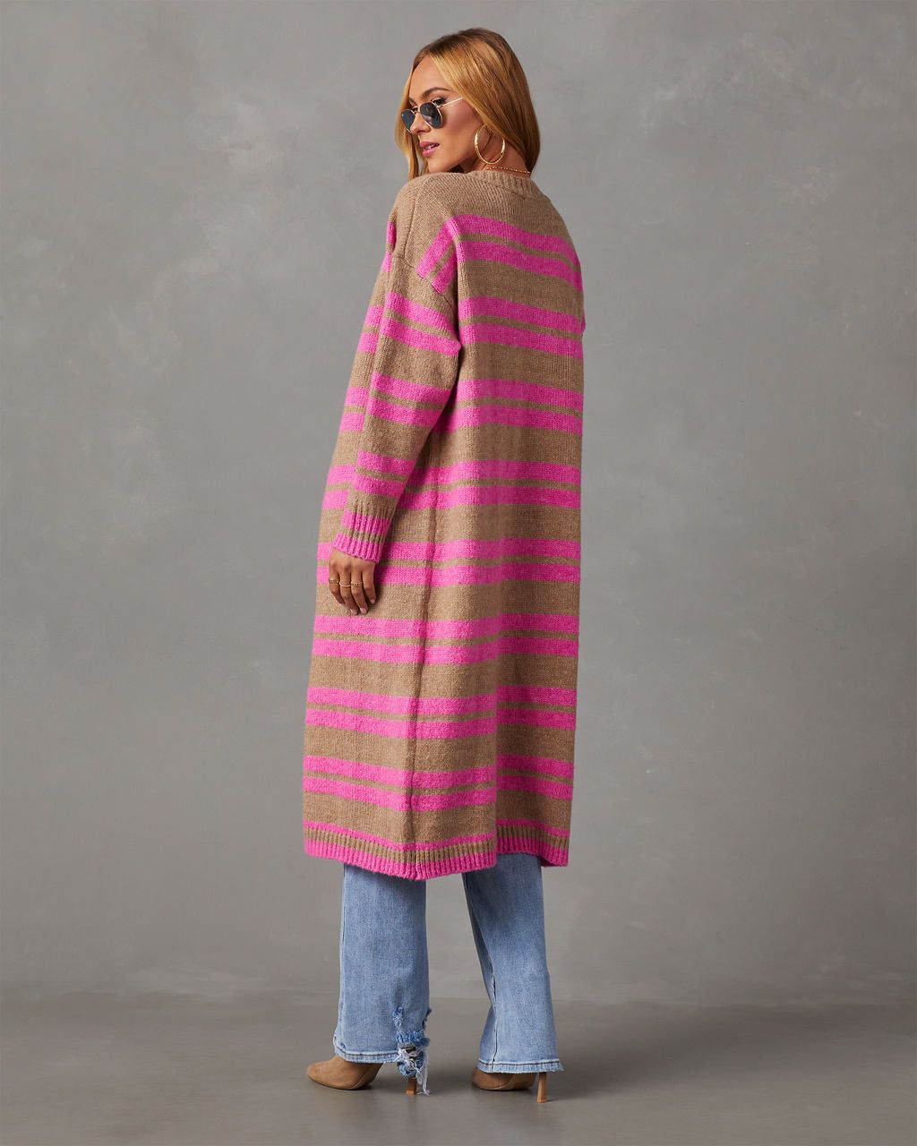 Jorja Striped Duster Cardigan - Pink/Taupe sold by Vici product image thumbnail 4