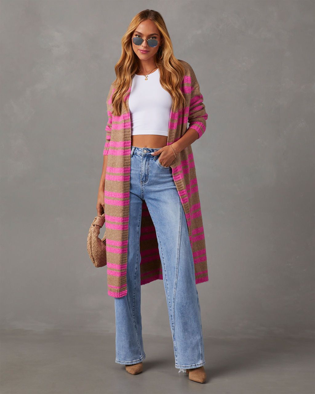 Jorja Striped Duster Cardigan - Pink/Taupe sold by Vici