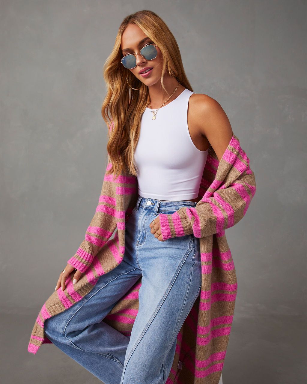 Jorja Striped Duster Cardigan - Pink/Taupe sold by Vici product image thumbnail 2