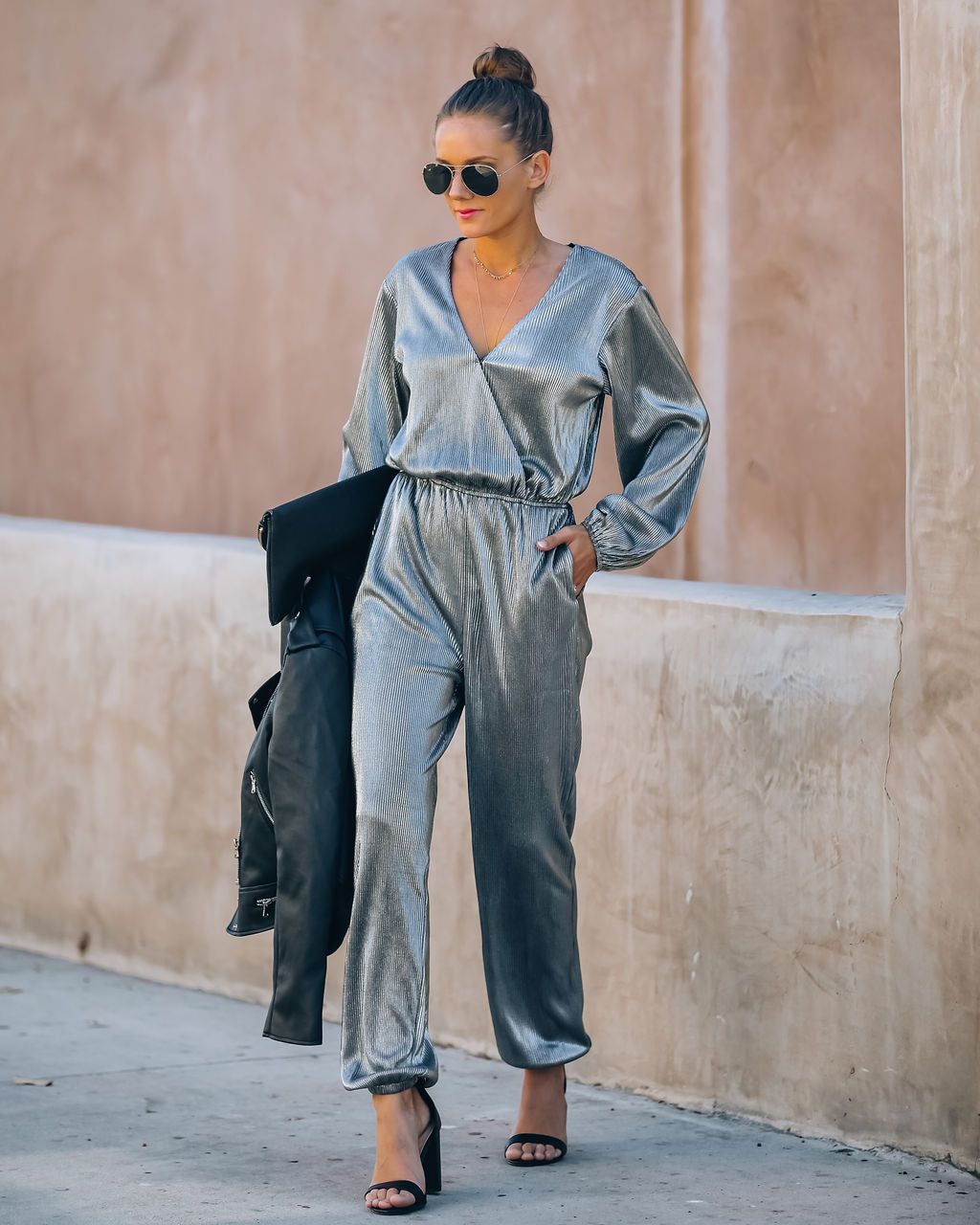 That's A Wrap Pocketed Plisse Jumpsuit - Silver - FINAL SALE sold by Vici product image thumbnail 3