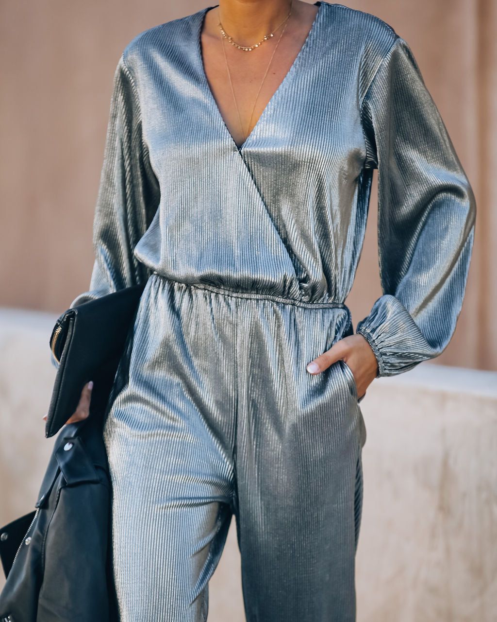 That's A Wrap Pocketed Plisse Jumpsuit - Silver - FINAL SALE sold by Vici product image thumbnail 6