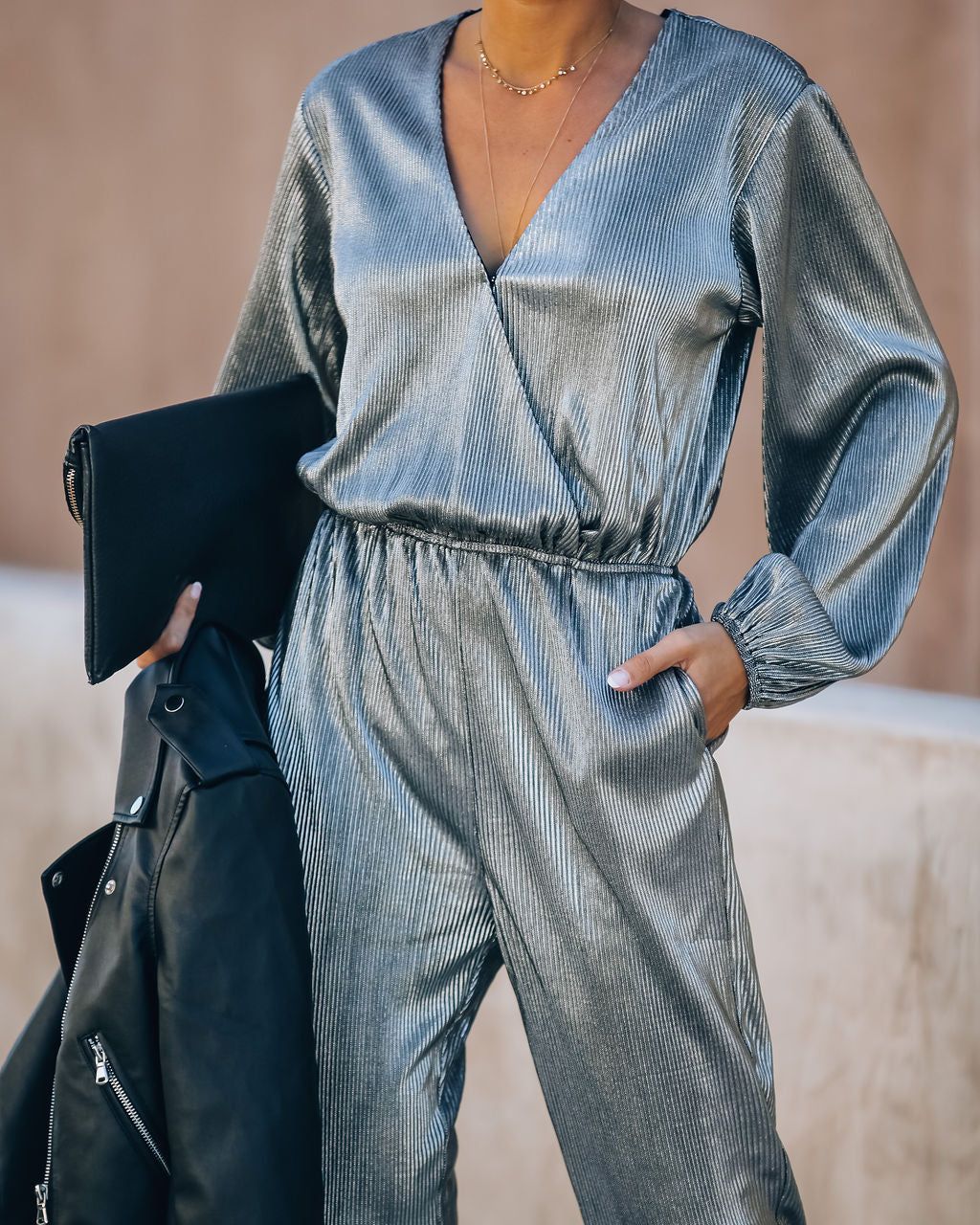 That's A Wrap Pocketed Plisse Jumpsuit - Silver - FINAL SALE sold by Vici product image thumbnail 8