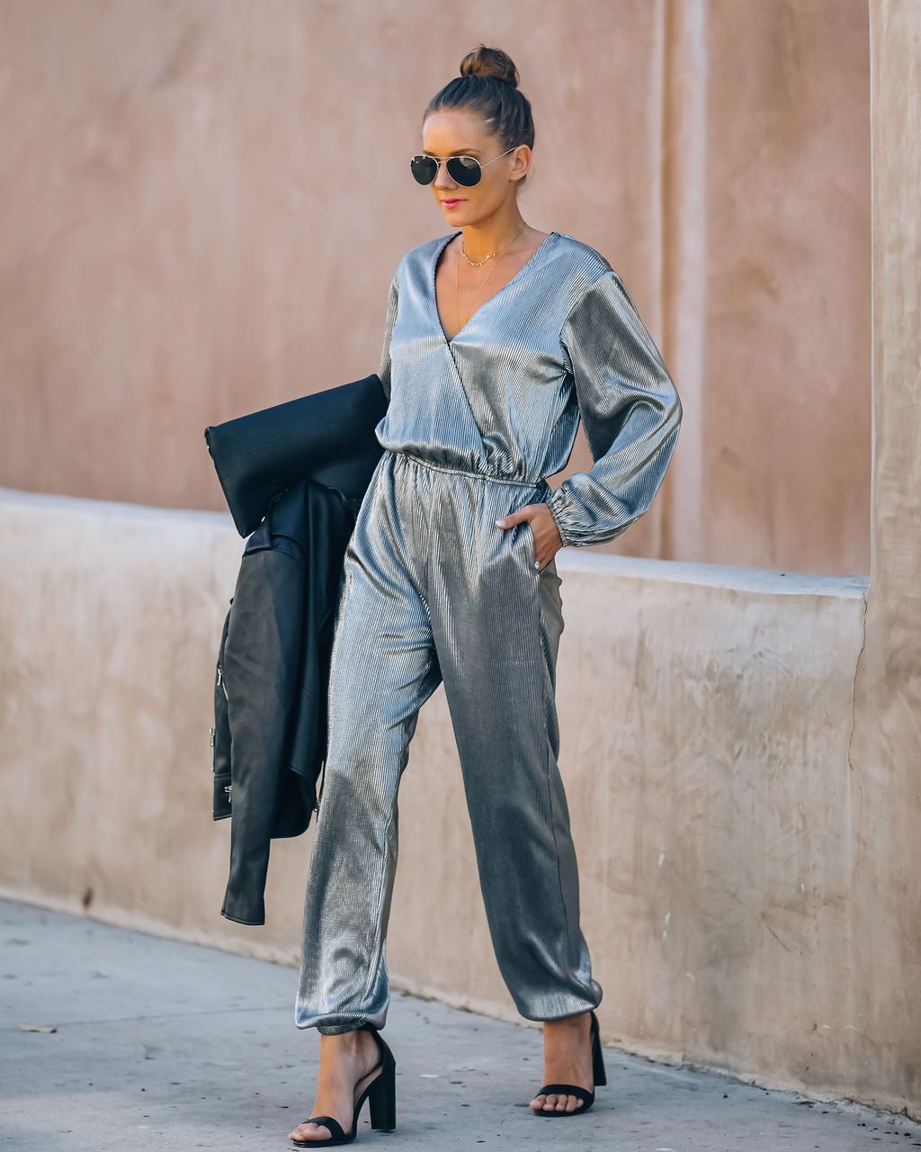 That's A Wrap Pocketed Plisse Jumpsuit - Silver - FINAL SALE sold by Vici product image thumbnail 7