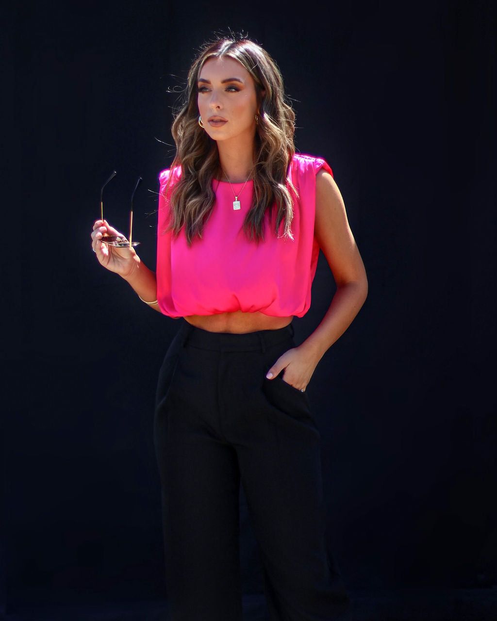 Fancy Shenanigans Satin Padded Shoulder Crop Top - Hot Pink - FINAL SALE sold by Vici product image thumbnail 3