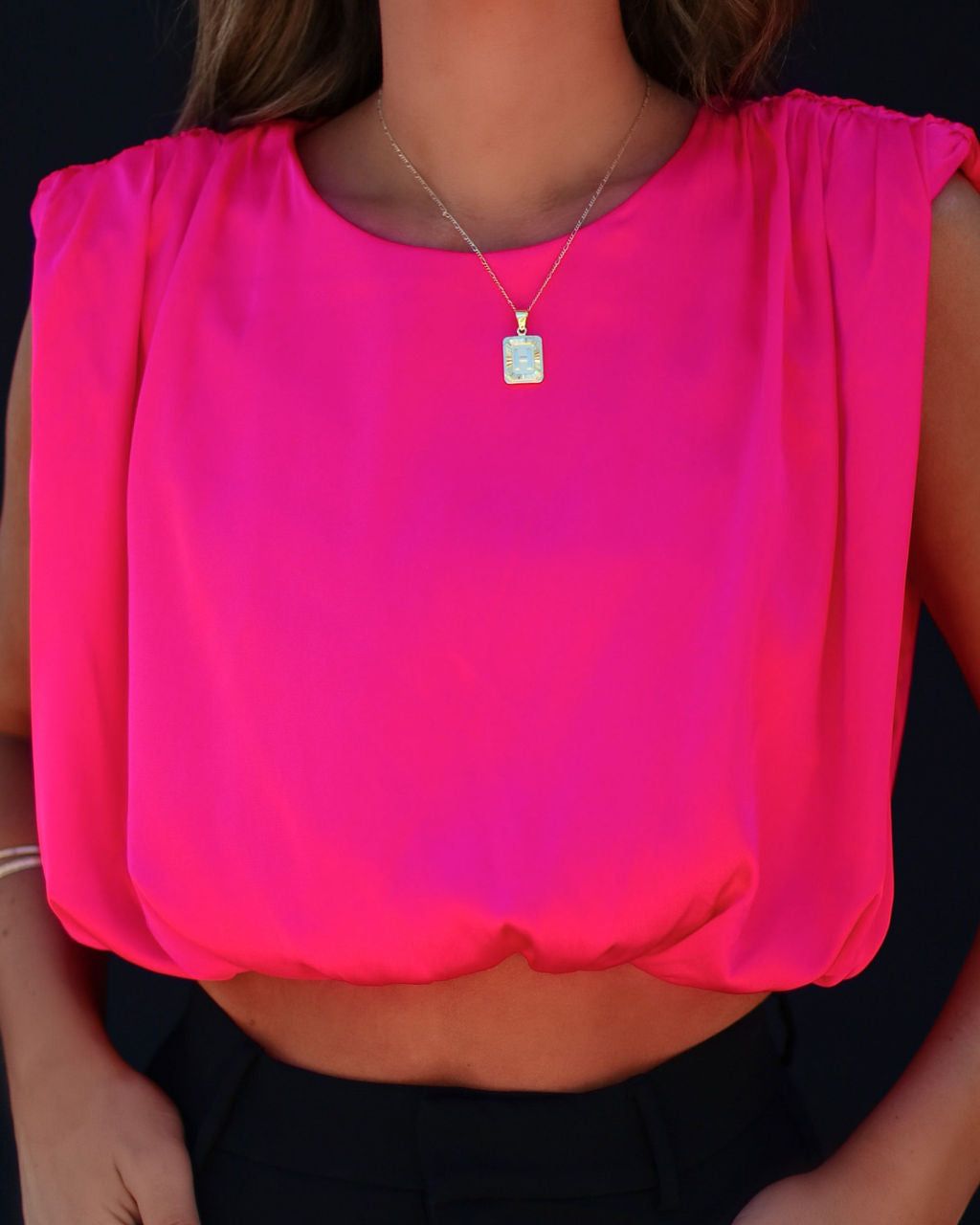 Fancy Shenanigans Satin Padded Shoulder Crop Top - Hot Pink - FINAL SALE sold by Vici