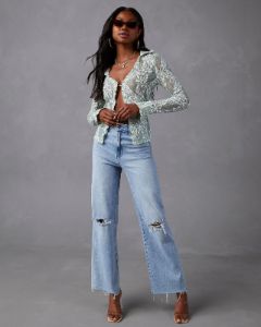 Mystine Lace Floral Long Sleeve Top - Green - FINAL SALE sold by Vici